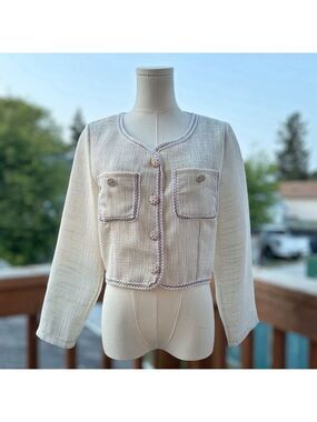Hello Fashion Cream White Tweed Jacket Blazer Floral Button Gold Trim Women Sz M
